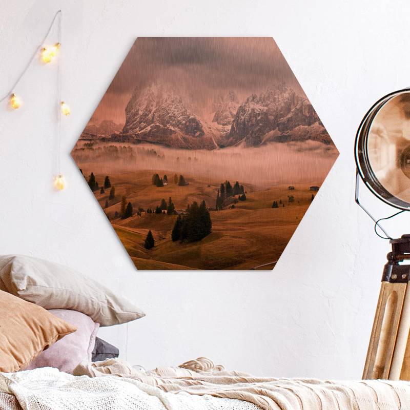 Hexagon-Alu-Dibond Bild Dolomiten Mythen