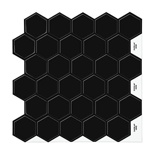 Selbstklebende Fliesen Schwarz 3d Fliesenaufkleber, Hexagon Klebefliesen Mosaik für Küche Bad Selbstklebende Wandfliesen (30.5x30.5cm, 10 Stück) von HOMEART