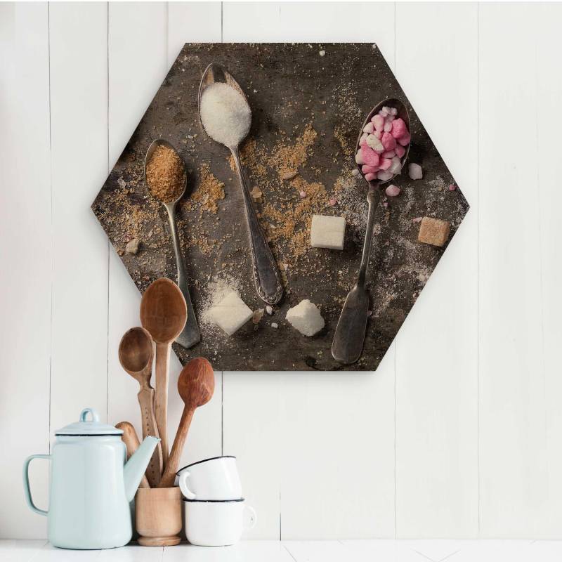 Hexagon-Holzbild Vintage Löffel mit Zucker