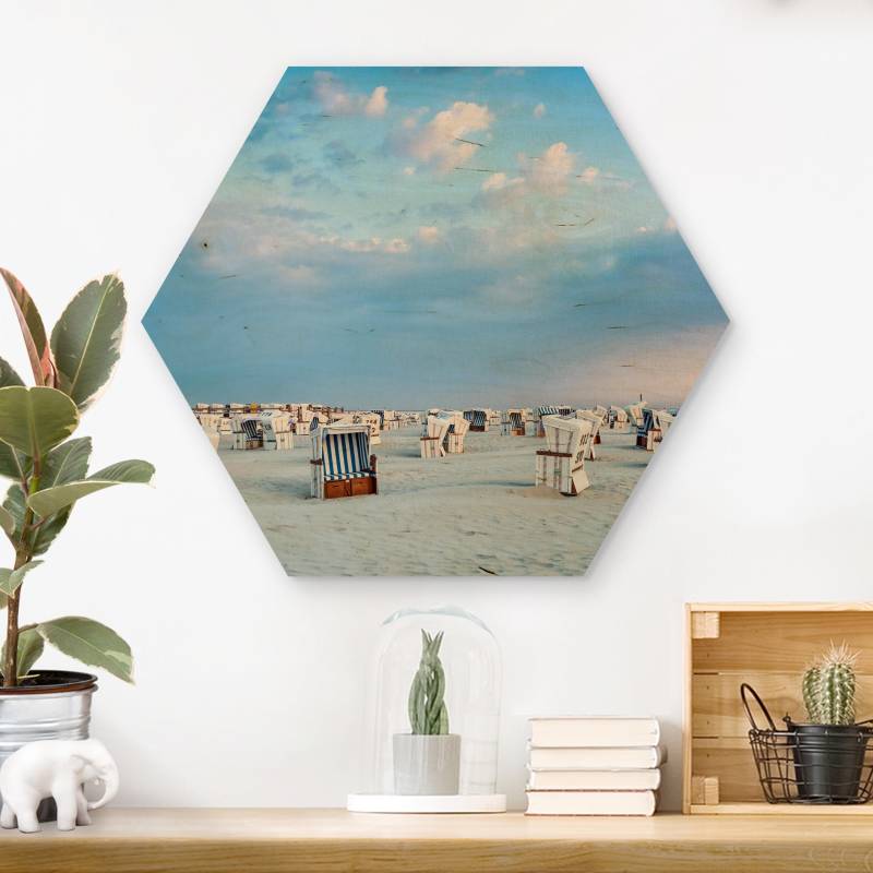 Hexagon-Holzbild Strandkörbe an der Nordsee