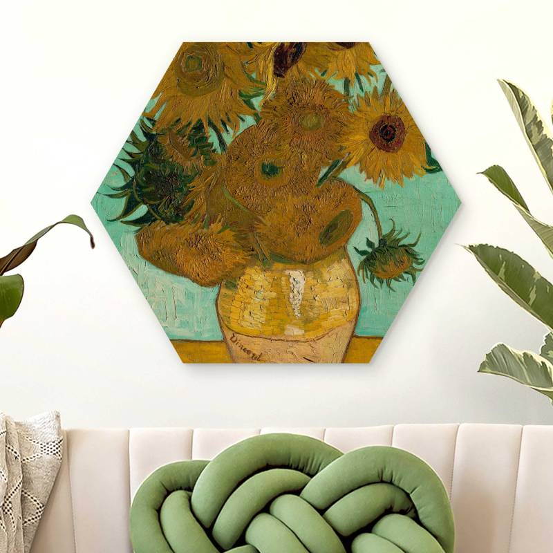 Hexagon-Holzbild Vincent van Gogh - Vase mit Sonnenblumen