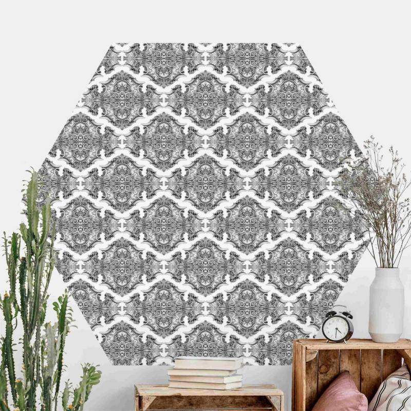 Hexagon Mustertapete Aquarell Barock Muster mit Ornamenten in Grau