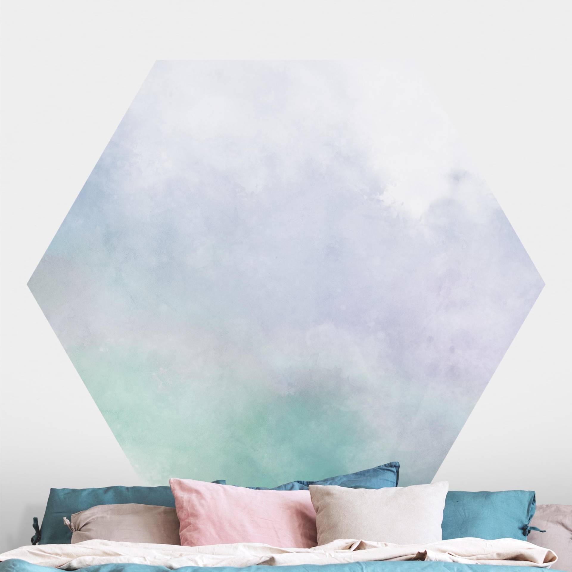 Hexagon Mustertapete Aquarellstruktur Symbiose Blau Grün