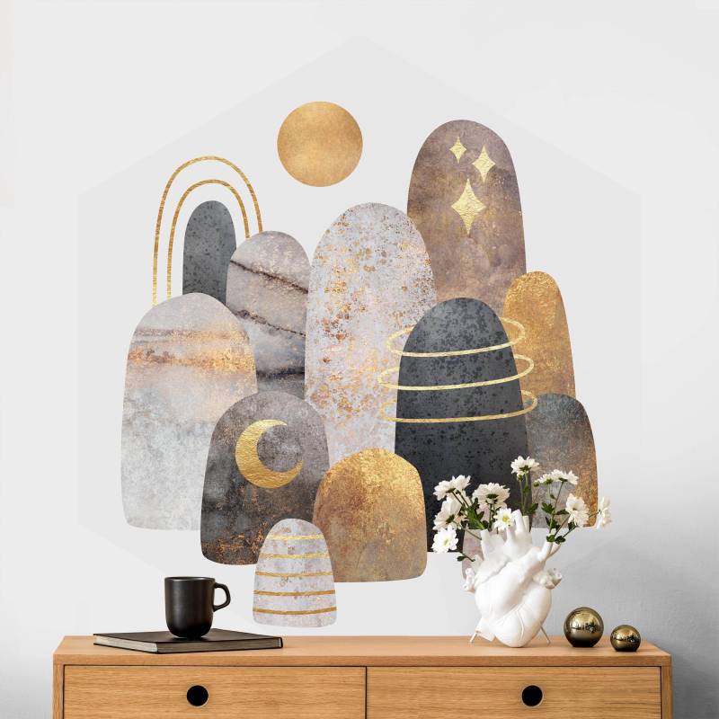 Hexagon Mustertapete Gold Berge mit Mond