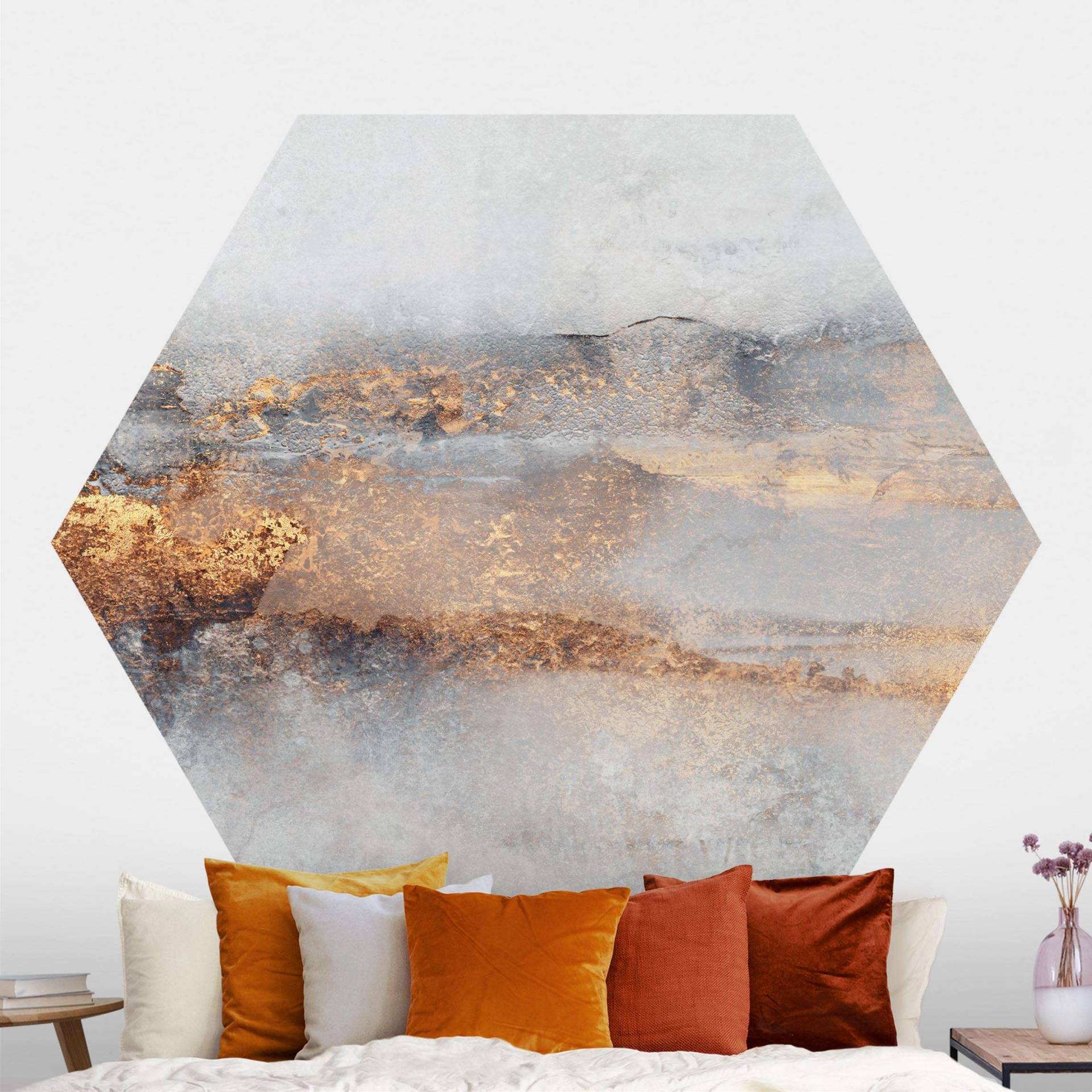 Hexagon Mustertapete selbstklebend Gold-Grauer Nebel