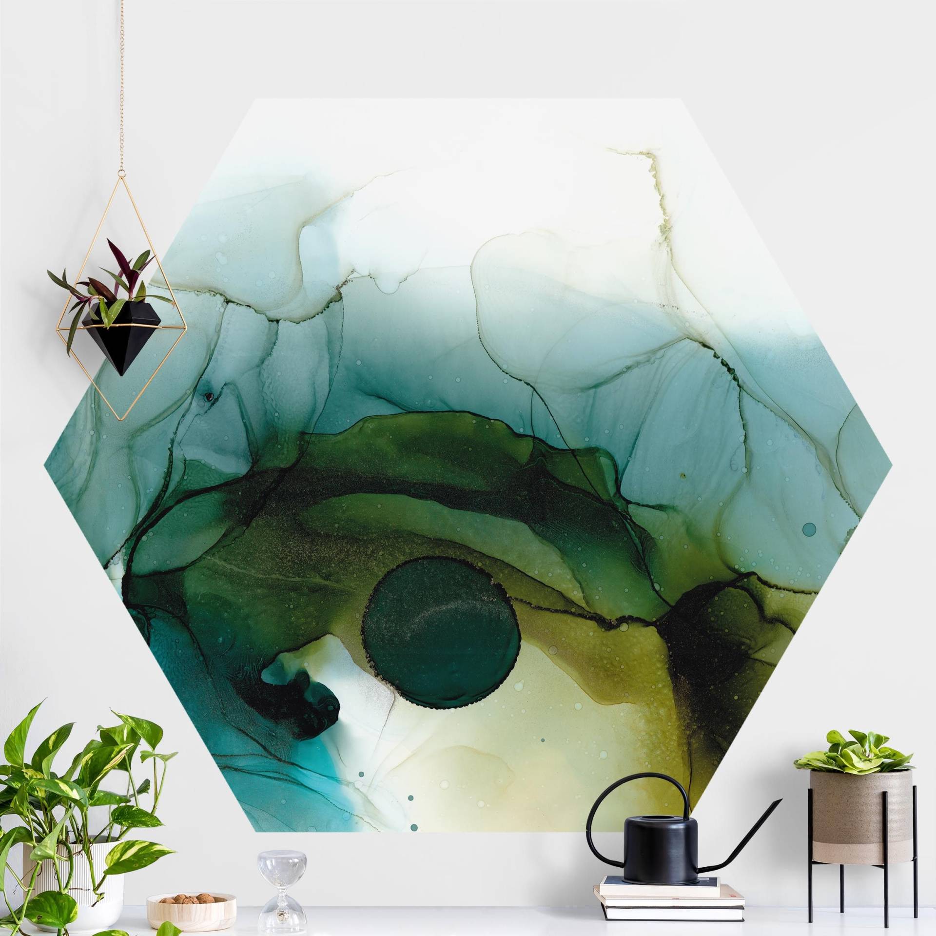 Hexagon Mustertapete selbstklebend Goldener Waldspaziergang