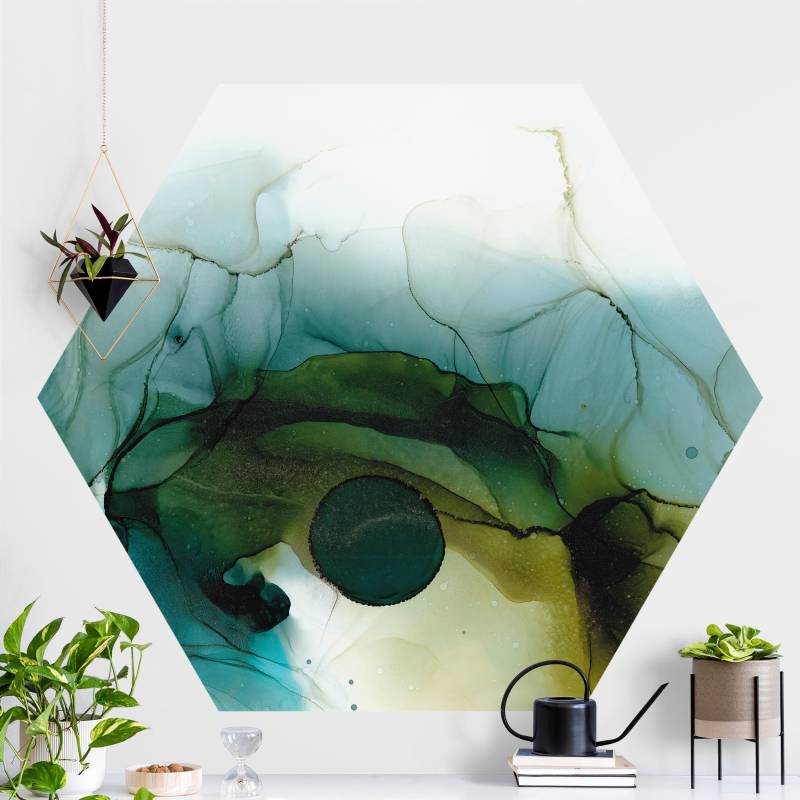 Hexagon Mustertapete selbstklebend Goldener Waldspaziergang