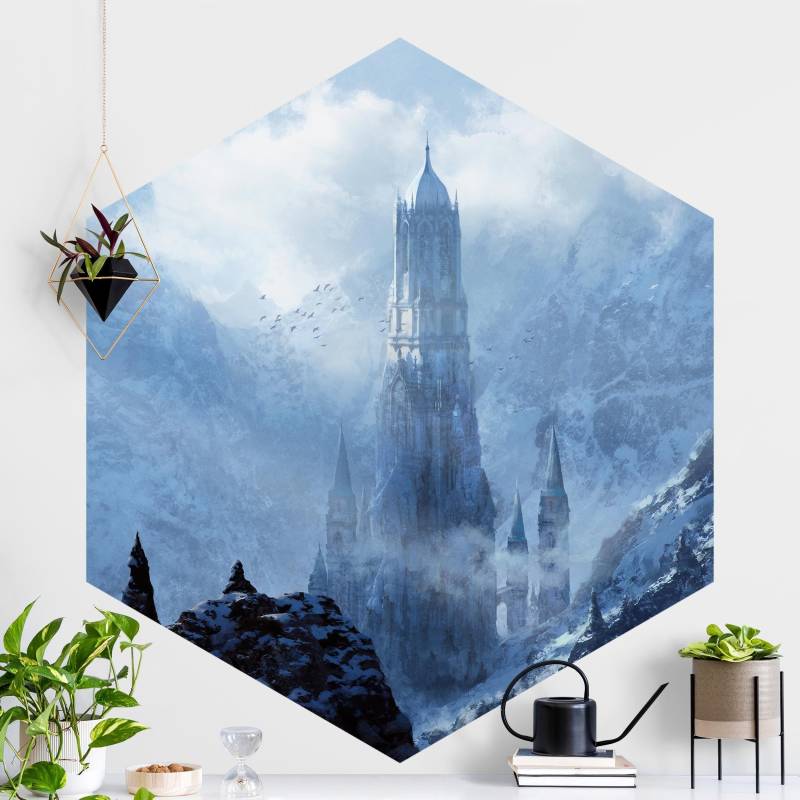 Hexagon Mustertapete selbstklebend Phantastisches Schloss im Schnee