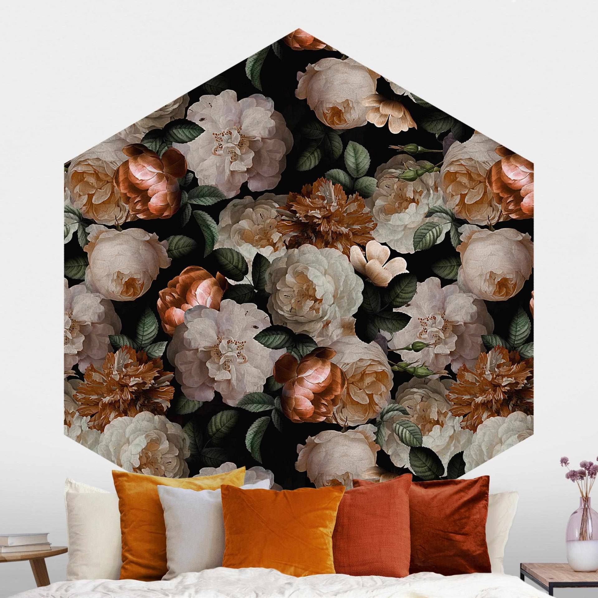Hexagon Mustertapete selbstklebend Rote Rosen mit Weißen Rosen Hexagon Mustertapete selbstklebend Rote Rosen mit Weißen Rosen