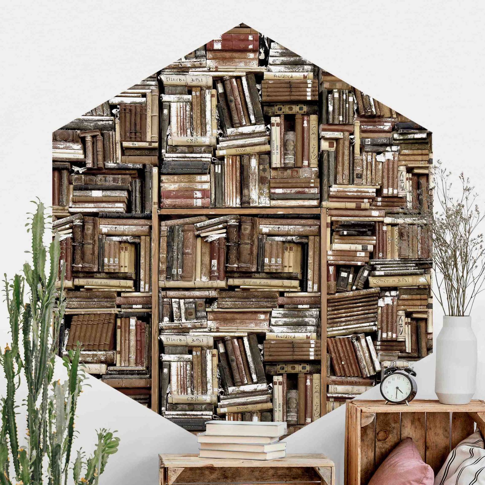 Hexagon Fototapete selbstklebend Shabby Bücherwand
