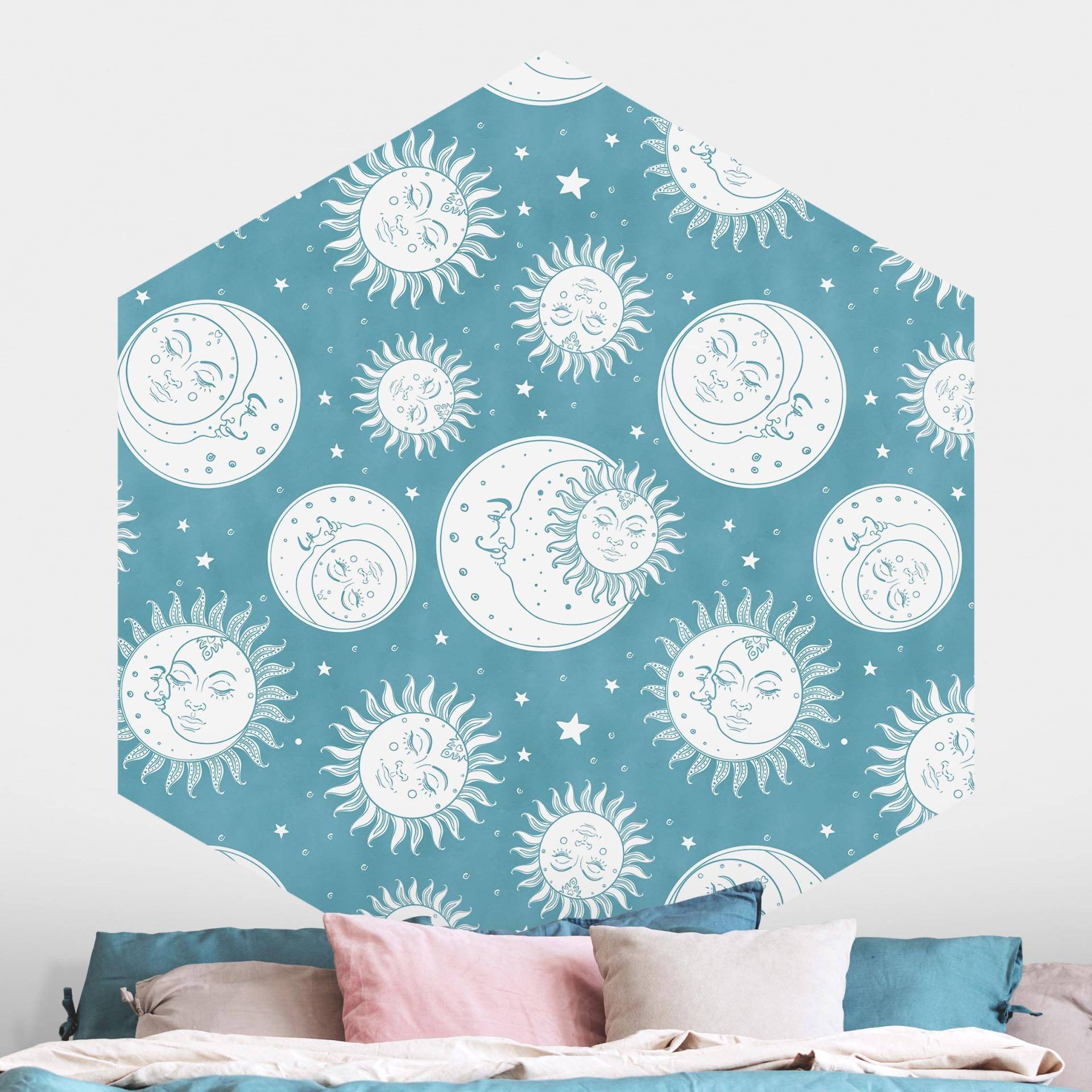 Hexagon Mustertapete Vintage Sonne, Mond und Sterne