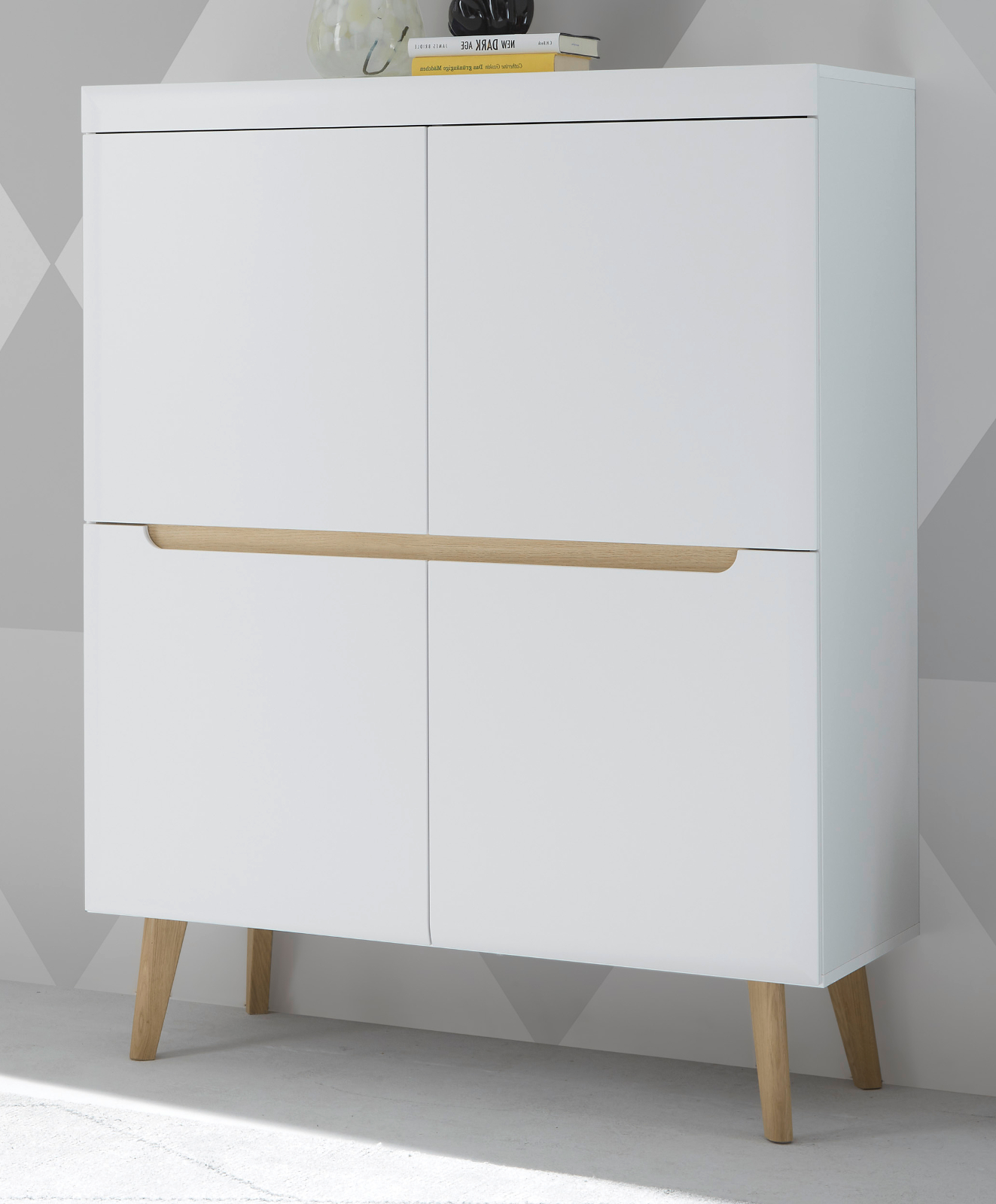 Highboard "Isgard" in weiß matt und Scandi Eiche Kommode skandinavisch 107 x 134 cm