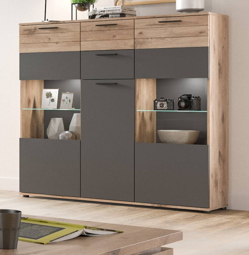 Highboard "Mason" in Nox Eiche und Basalt grau Wohn- und Esszimmer Anrichte 140 x 134 cm