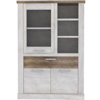 Highboardvitrine Duro von Forte Pinia Weiß / Eiche Antik