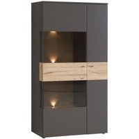 Highboardvitrine L inkl Beleuchtung Como von Forte Wolfram Grau / Planked Eiche