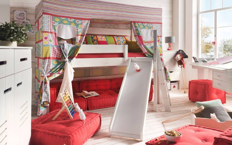 Himmelbett-Hochbett in Kiefer natur mit Rutsche - Kids Dreams