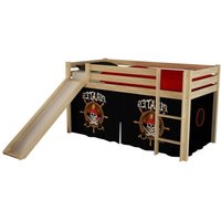 Hochbett Kinderzimmer incl. Rutsche PINOO-12 mit Textilset Pirates in Kiefer massiv natur lackiert, B/H/T: ca. 210/114/218 cm