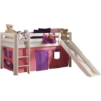 Hochbett Kinderzimmer mit Textil Set Bella incl. Rutsche PINOO-12 in Kiefer massiv weiß lackiert, B/H/T: ca. 210/114/218 cm