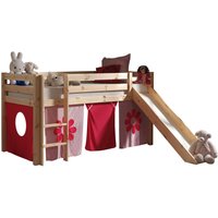 Hochbett Kinderzimmer mit Textilset Flower PINOO-12 incl. Rutsche in Kiefer massiv natur lackiert, B/H/T: ca. 210/114/218 cm