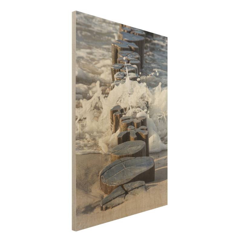Holzbild - Hochformat 2:3 Wellenbrecher am Strand