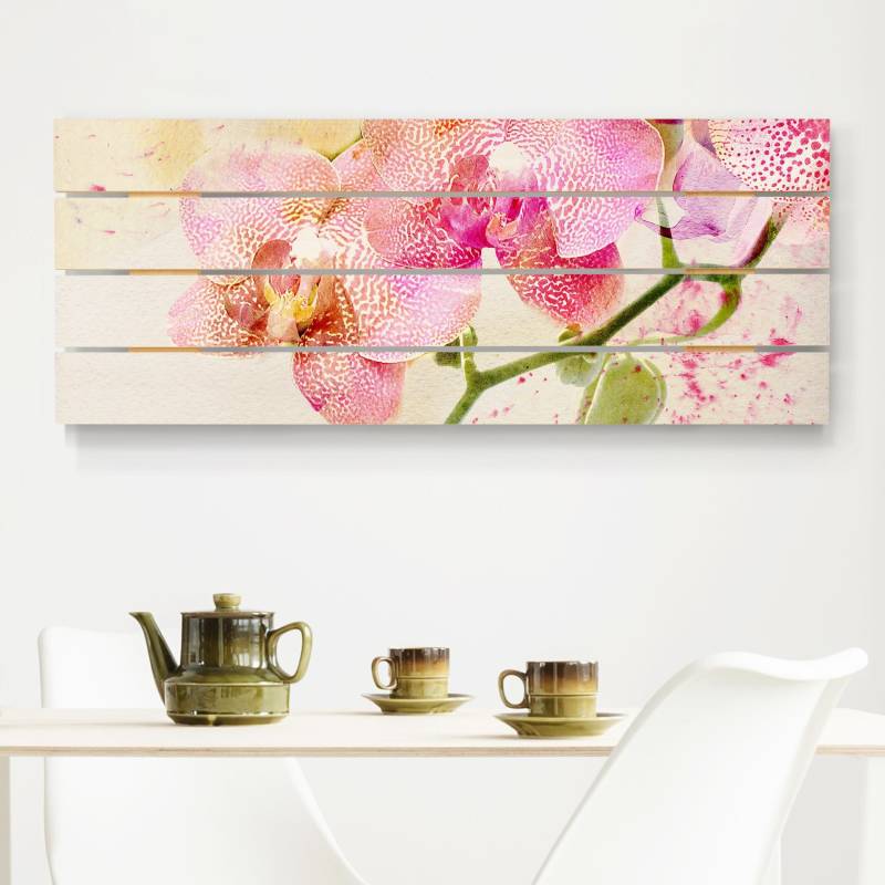 Holzbild Plankenoptik Aquarell Blumen Orchideen