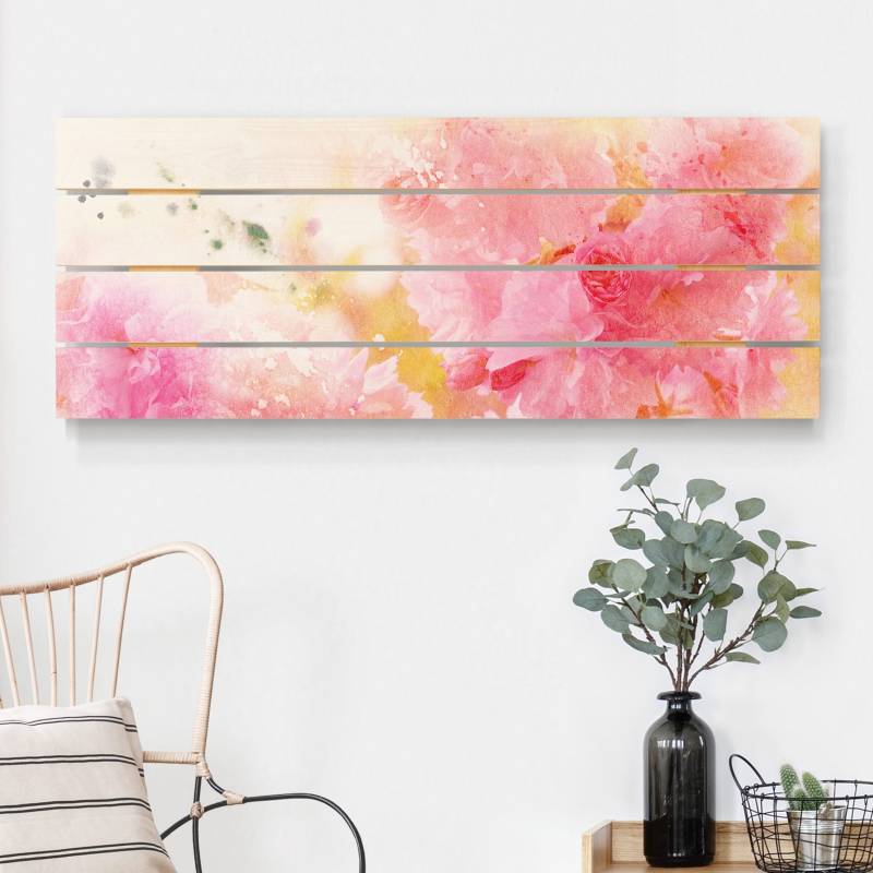 Holzbild Plankenoptik Aquarell Blumen Pfingstrosen