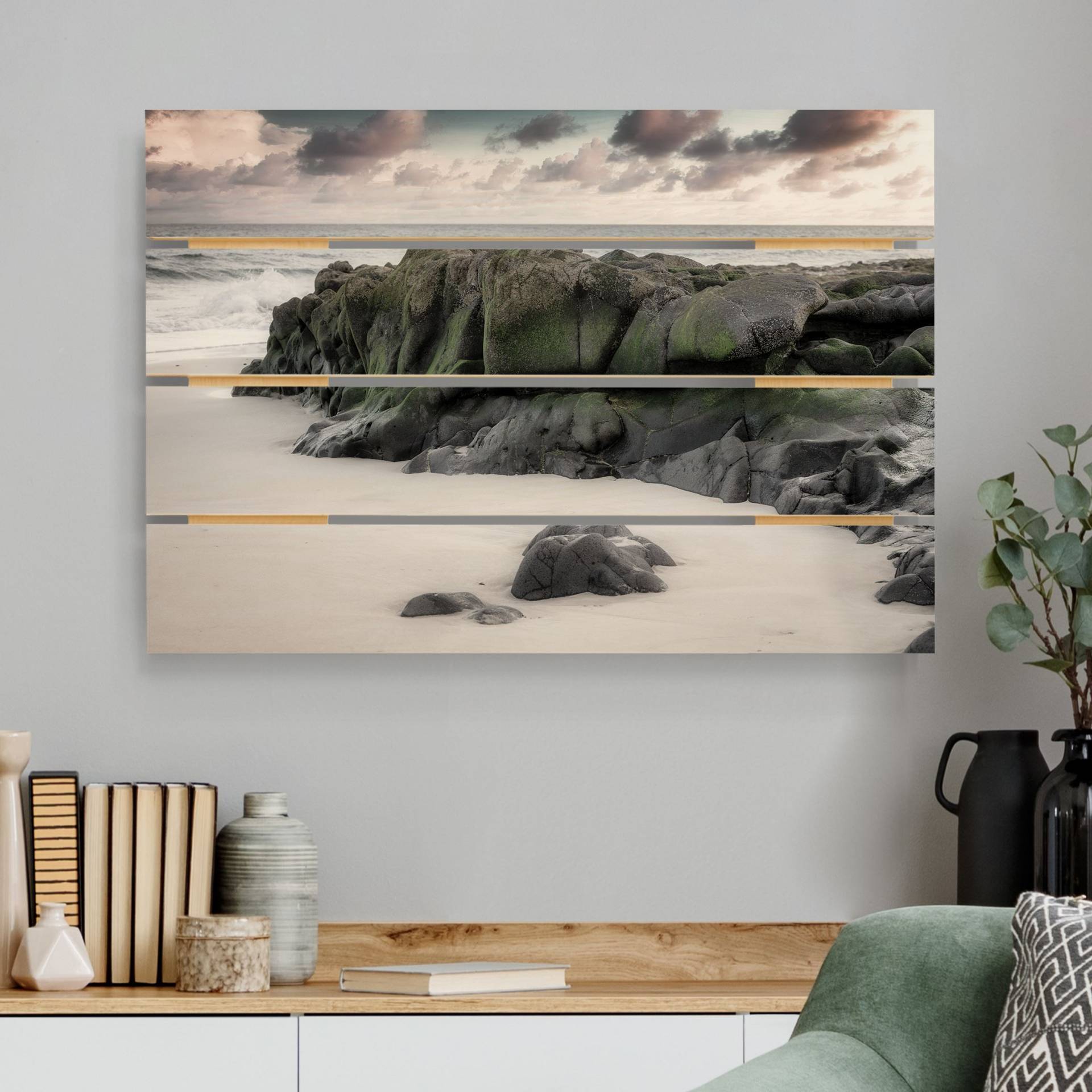 Holzbild Plankenoptik Natur & Landschaft - Querformat Felsen am Strand