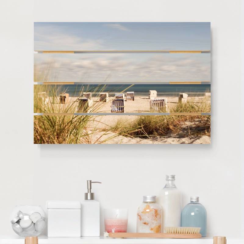 Holzbild Plankenoptik - Querformat Ostsee und Strandkörbe