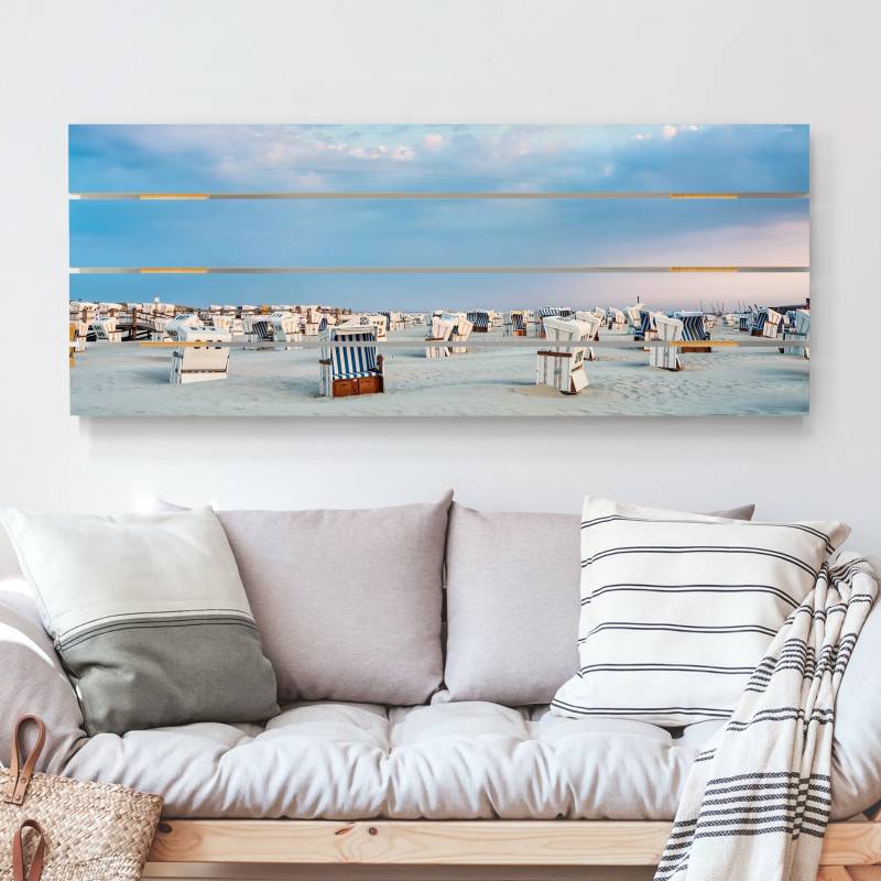 Holzbild Plankenoptik Strandkörbe an der Nordsee