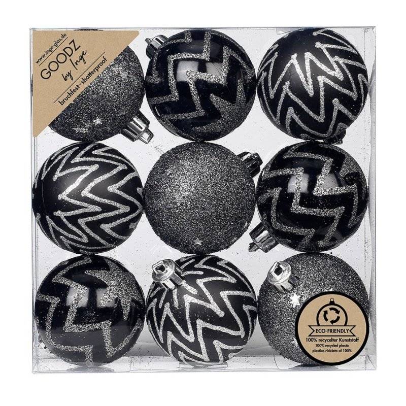 Inge Glas - Dekorierte Kugeln in Box / 9 Stück - Schwarz/Silber