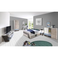 Jugendzimmer Komplett Set mit Bett 140x200 cm mit Kleiderschrank LEEDS-10 in Sandeiche Nb. mit weiß, Lava und Denim Blau