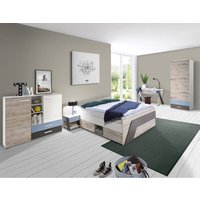 Jugendzimmer Komplett-Set mit Bett 140x200 cm mit Kleiderschrank LEEDS-10 in Sandeiche Nb. mit weiß, Lava und Denim Blau