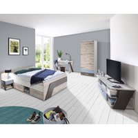 Jugendzimmer Komplett-Set mit Bett 140x200 cm mit Kleiderschrank LEEDS-10 in Sandeiche Nachbildung mit weiß, Lava und Denim Blau