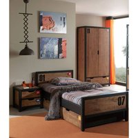 Jugendzimmer Set massiv CUSCO-12 mit Nachtkonsole, Einzelbett 90x200, Bettschublade, Kleiderschrank 2-trg., cognacfarbig, schwarz, B x H x T ca. 0 x 200 x 55cm