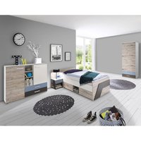 Jugendzimmer Set mit 90x200 cm Bett, 4-teilig mit Kleiderschrank LEEDS-10 in Sandeiche Nb. mit weiß, Lava und Denim Blau