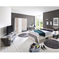 Jugendzimmer Set mit Bett 140x200 cm 5-teilig mit Kleiderschrank LEEDS-10 in Sandeiche Nb. mit weiß, Lava und Denim Blau