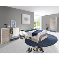 Jugendzimmer Set mit Bett 140x200 cm mit Kleiderschrank LEEDS-10 in Sandeiche Nb. mit weiß, Lava und Denim Blau