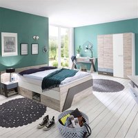 Jugendzimmer Set mit Bett 140x200 cm und Schreibtisch 4-teilig LEEDS-10 in Sandeiche Nb. mit weiß, Lava und Denim Blau