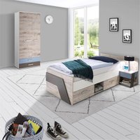 Jugendzimmer Set mit Bett 90x200 cm 3-teilig mit Kleiderschrank LEEDS-10 in Sandeiche Nb. mit weiß, Lava und Denim Blau