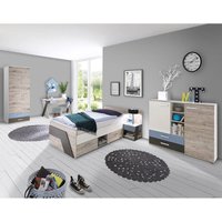 Jugendzimmer Set mit Bett 90x200 cm 5-teilig mit Kleiderschrank LEEDS-10 in Sandeiche Nb. mit weiß, Lava und Denim Blau