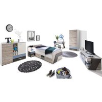 Jugendzimmer Set mit Bett 90x200 cm 6-teilig mit Kleiderschrank LEEDS-10 in Sandeiche Nb. mit weiß, Lava und Denim Blau