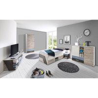 Jugendzimmer Set mit Bett 90x200 cm mit Kleiderschrank LEEDS-10 in Sandeiche Nachbildung mit weiß, Lava und Denim Blau