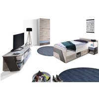 Jugendzimmer Set mit Bett 90x200 cm mit Kleiderschrank LEEDS-10 in Sandeiche Nb. mit weiß, Lava und Denim Blau