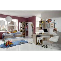 Jugendzimmer komplett Set mit Eckkleiderschrank, begehbar und beleuchtet und Schreibtisch Set JOHANNESBURG-43 in Eiche Nb. mit weiß