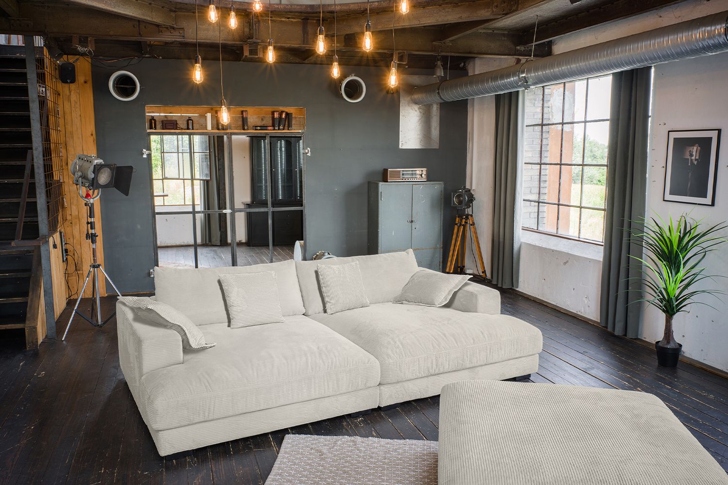 KAWOLA Big Sofa MADELINE Cord cremeweiß mit Hocker und 4 Zierkissen KAWOLA Big Sofa MADELINE Cord cremeweiß mit Hocker und 4 Zierkissen