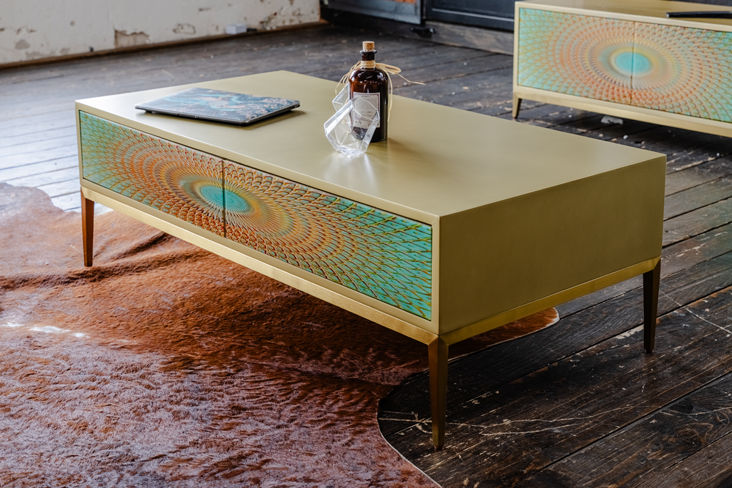 KAWOLA Couchtisch LAGO 2 Schubladen Glas grün Fuß Edelstahl goldfarben KAWOLA Couchtisch LAGO 2 Schubladen Glas grün Fuß Edelstahl goldfarben
