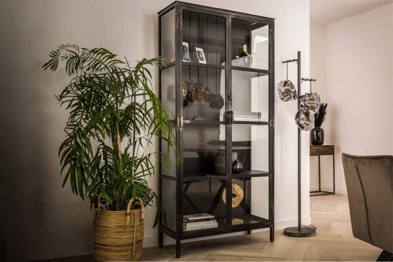 KAWOLA Highboard ARLES Vitrine Metall schwarz 2 Türen