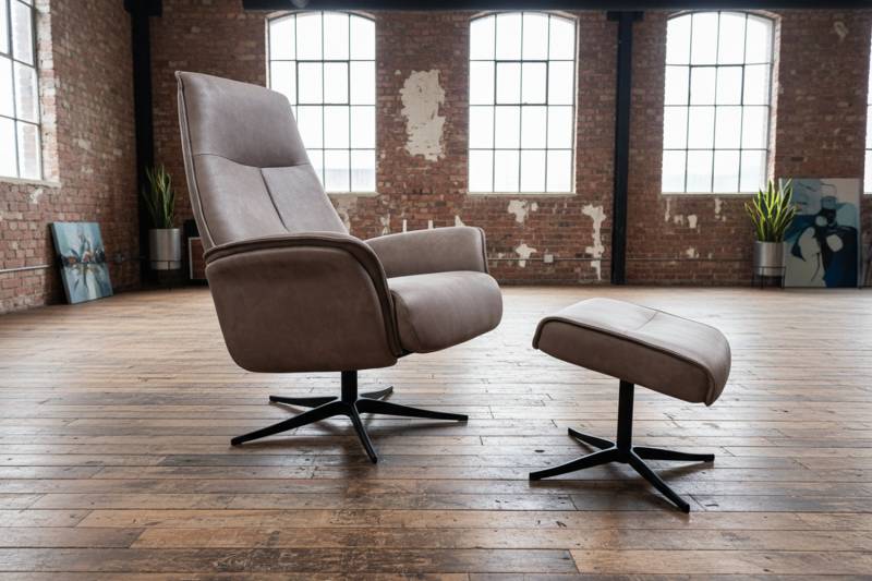 KAWOLA Relaxsessel JOSIANE Drehsessel Lederfaserstoff anthrazit mit Hocker