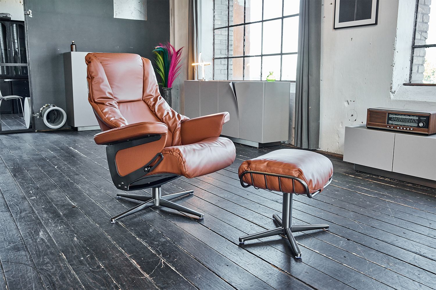 KAWOLA Sessel MODO Relaxsessel drehbar Leder braun mit Hocker KAWOLA Sessel MODO Relaxsessel drehbar Leder braun mit Hocker