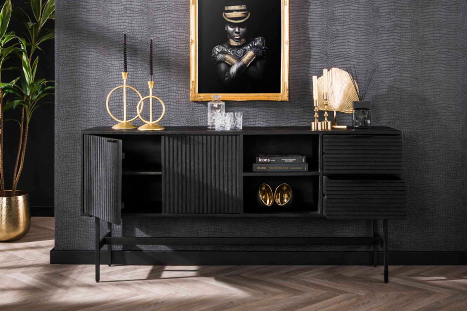 KAWOLA Sideboard LORCA Mango massiv schwarz 2 Türen 2 Schubladen KAWOLA Sideboard LORCA Mango massiv schwarz 2 Türen 2 Schubladen